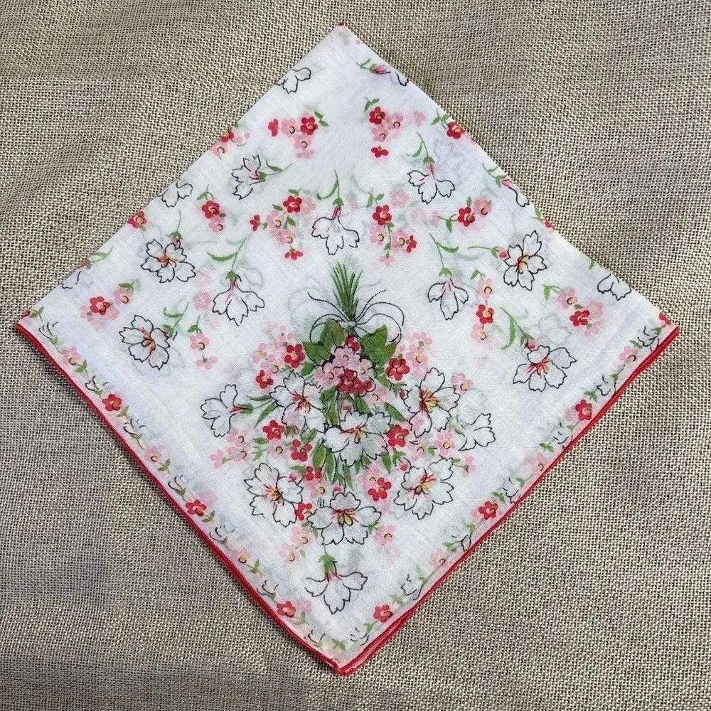 Vintage Floral Handkerchief White Pink Red Bouquet Print Rolled Edge 13” Cotton